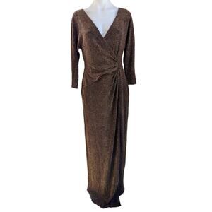 Ralph Lauren Metallic Jacquard Cocktail Evening Gown Maxi Sheath Gold Size 10